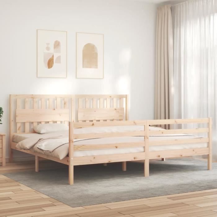 lit en bois massif avec tête de lit 200x200 cm - zjchao - campagne - matelas non inclus - a monter soi-même