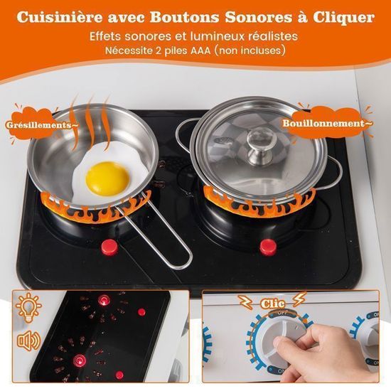 Cuisine Enfant En Bois Avec Lumière et Effet Sonore, Jeu De Cuisine Avec 25 Accessoires (blanc