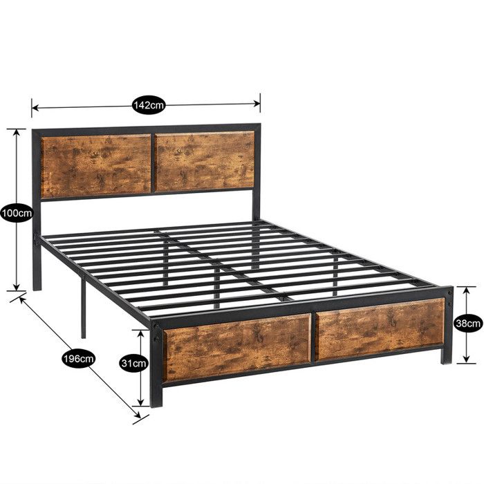Cadre De Lit 140x190 Avec Tête De Lit Bois Rustique - Sommier Plateforme Rangement, Gris Ardoise - 8