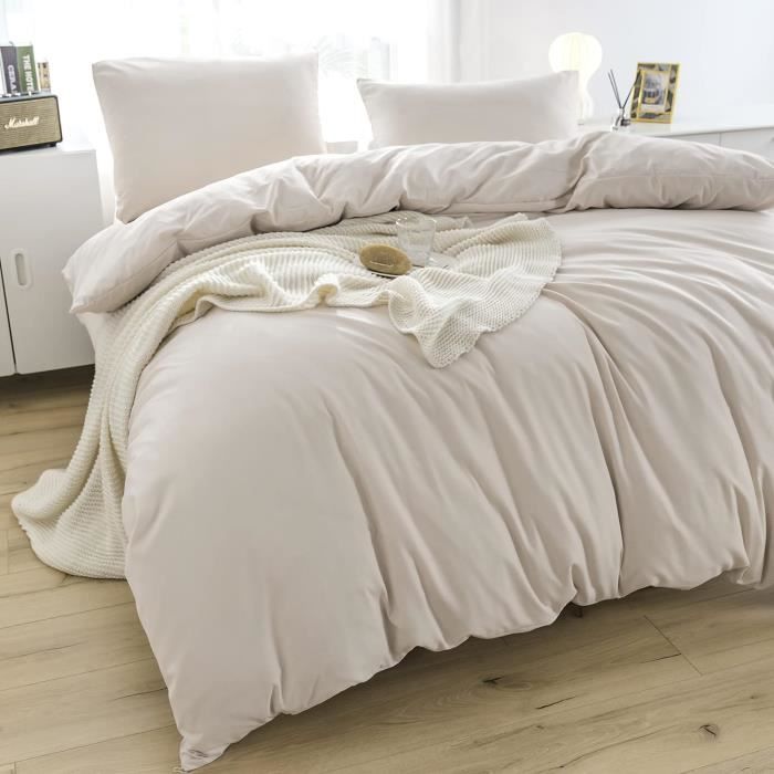 Parure De Lit 2 Personnes 240x260 Cm Beige Orchidée Blanche - Housse Couette Polycoton Avec Fermeture Éclair