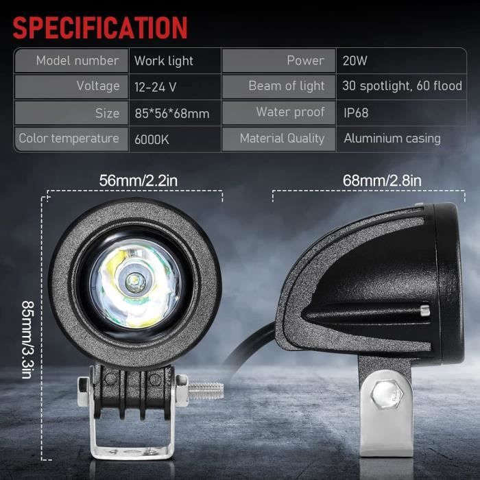 2 Phares LED Moto 2 Pouces - 20W IP68 - 12-24V - Spot/combo - Pour Moto, ATV, Camion - Noir