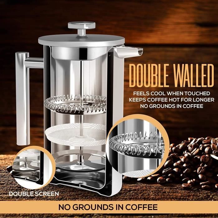 Piston à café Presse française Acier inoxydable 1000ml Presse française Cafetièr Piston à café Presse française Acier inoxydable 1000ml Presse française Cafetièr