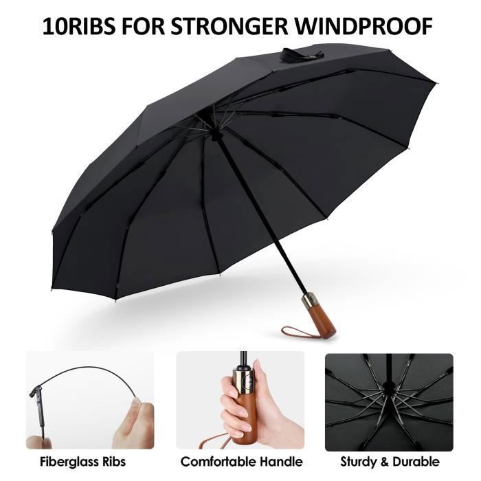 Parapluie Automatique Anti-Retournement Résistant Au Vent - Manche En Bois Bleu - Taille Unique - Neuf Avec Étiquettes