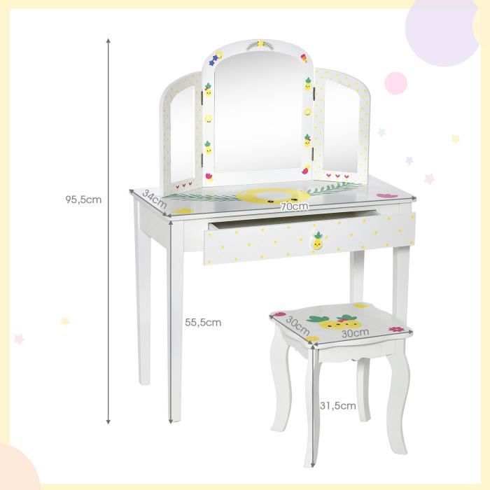 Coiffeuse Enfants 2 En 1 COSTWAY Avec Miroir LED - Table Maquillage + Tabouret, Charge 50kg