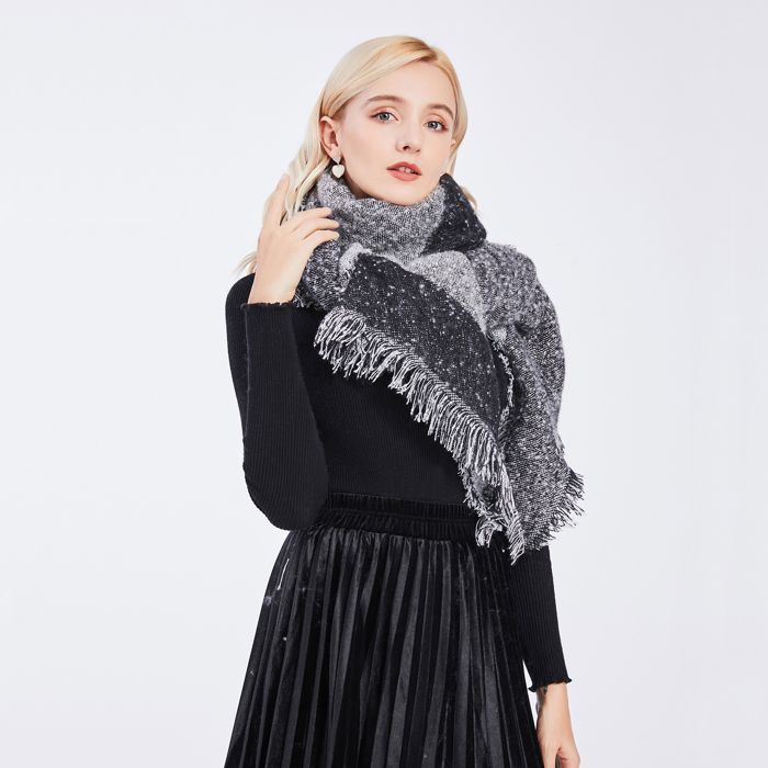 Écharpe Triangle Femme Grand Format 140x140 Cm - Imitation Cachemire, Motif Carreaux, Pompons - Cadeau Pour L'hiver