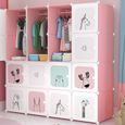 Armoire Chambre Meuble Rangement Enfant- 16 Porte 3 Penderie- Armoire Plastique Cartoon- 147x37x147cm- Rose-0