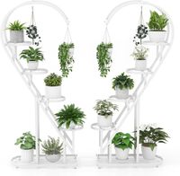 GOPLUS Support pour Plante à 5 Niveaux en Métal, Étagère en Forme de Cœur avec 4 Crochets, Plate-forme à Lattes, Blanc