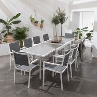 Salon de jardin HAPPY GARDEN LAMPEDUSA extensible en textilène gris 10 places - aluminium blanc