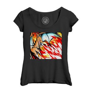 T-SHIRT T-shirt Femme Col Echancré Noir Pokemon Dragon Feu Dracofeu Charizard