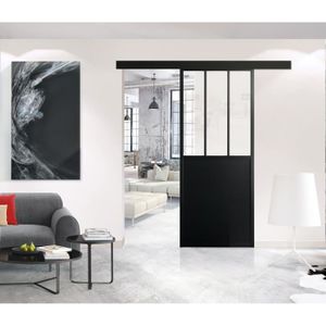 PORTE COULISSANTE OPTIMUM - Kit porte coulissante + rail + bandeau Atelier - H 204 x L 73 x P 4 cm - Noir verre transparent