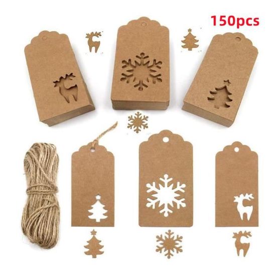 Lot De 150 étiquettes Cadeaux En Papier Kraft - Motifs Noël (renne, Sapin, Flocon) Avec 20 M De Ficelle - Pour DIY Et Emballage - 9