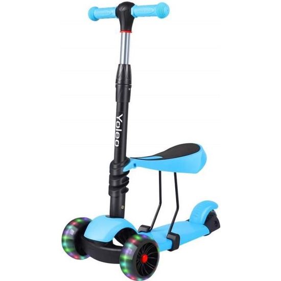 YOLEO Trottinette 5 en 1 Scooter à 3 Roues Bleu avec Siège et Roues à LED  Scooter multi-fonctionnel pour des enfants, bébés