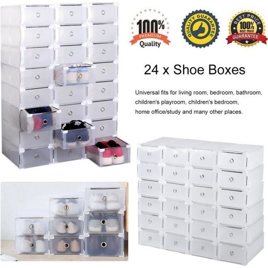 24 pièces boîtes à chaussures en plastique tiroir de rangement empilable boîte de organisateur Penderie Etagère à Chaussures