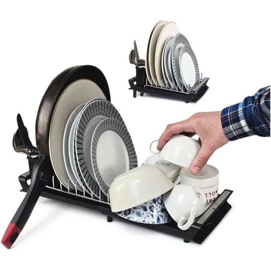 Egouttoir Inox Pour Vaisselle égouttoir Pliable économique Égouttoir Vaisselle Extensible Litimkat - Acier Inoxydable Noir (28-47cm) Avec Porte- couverts Porte Ustensiles Cuisine Porte Vaisselle égouttoir