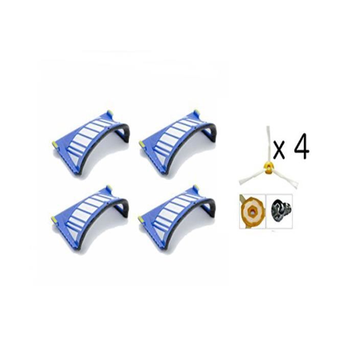 Pack de 4 Brosses Latérales et 4 Filtres AeroVac iRobot Roomba Séries 585 595 600 605 610 616 620 630 650 680 681