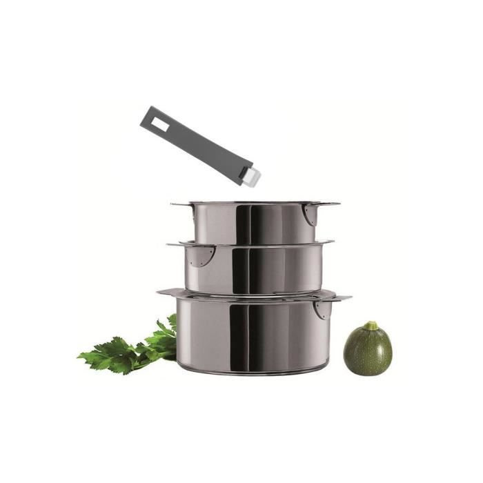 Cristel Série de 3 Casseroles 16/18/20 cm Inox Ligne classique Mutine poignée amovible grise S3CMAG