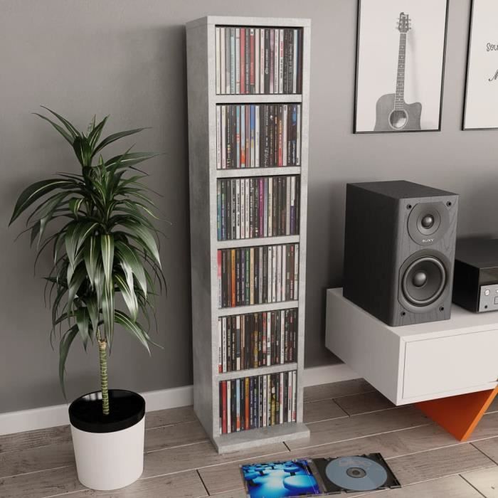 753•MONDAY Armoire à CD Qualité - meuble Étagère Étagères Colonnes DMEUBLE de rangement multimédia Gris béton 21x20x88 cm Aggloméré