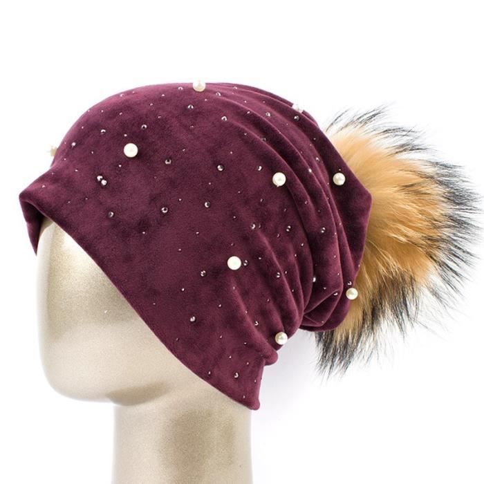 Wine Red A -Geebro – Bonnet à pompon pour femmes, en Polyester, perles brillantes et strass, chapeaux tête de mort
