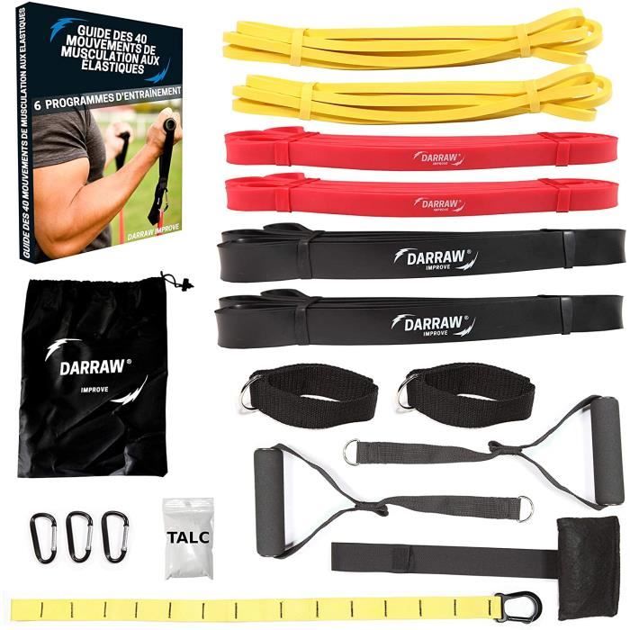 ensemble de bandes elastique fitness musculation toutes résistances guide d'exercices poignées, ancre de porte, sangle. kit elas