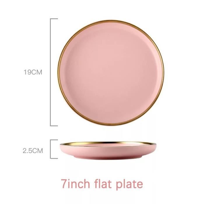 Assiette,Vaisselle en porcelaine rose mat, assiettes à dîner, incrustation dorée, assiette à gâteau en - Type 7 inch flat plate