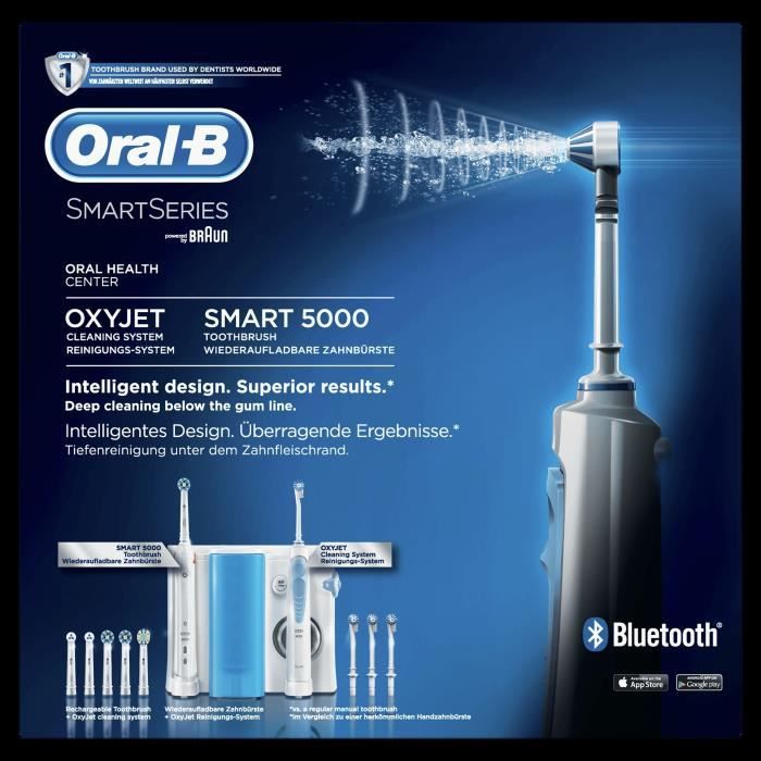 Oral-B Smart 5000 + Oxyjet Kit Brosse à Dent Electrique Rechargeable, 1 hydropulseur, 1 manche, 6 brossettes, 4 canules Oxyjet