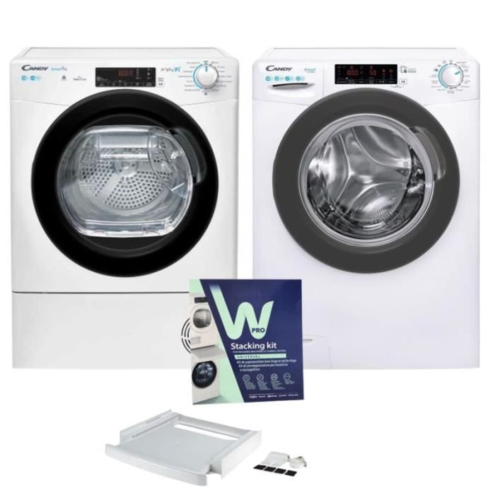 PACK CANDY Lave-linge frontal 10kg 1400trs/min + Sèche-Linge Condensation 10Kg + Kit de Superpositio 58 Blanc