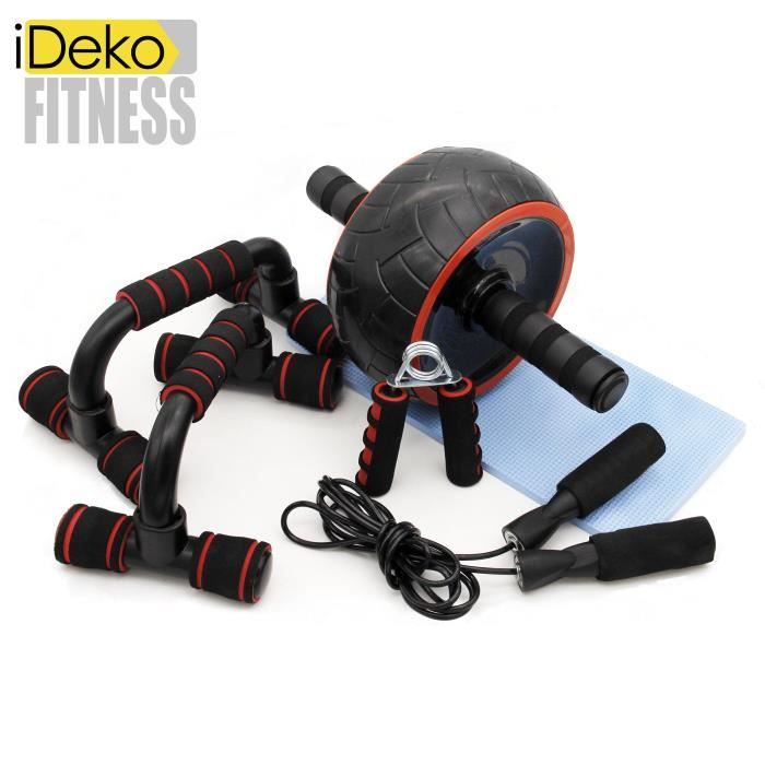 iDeko® Appareils de Fitness 5 en 1 Roue Abdominale + Poignée de Pompe + Corde à Sauter + Pince à Main Tapis pour Genou pour Fitness
