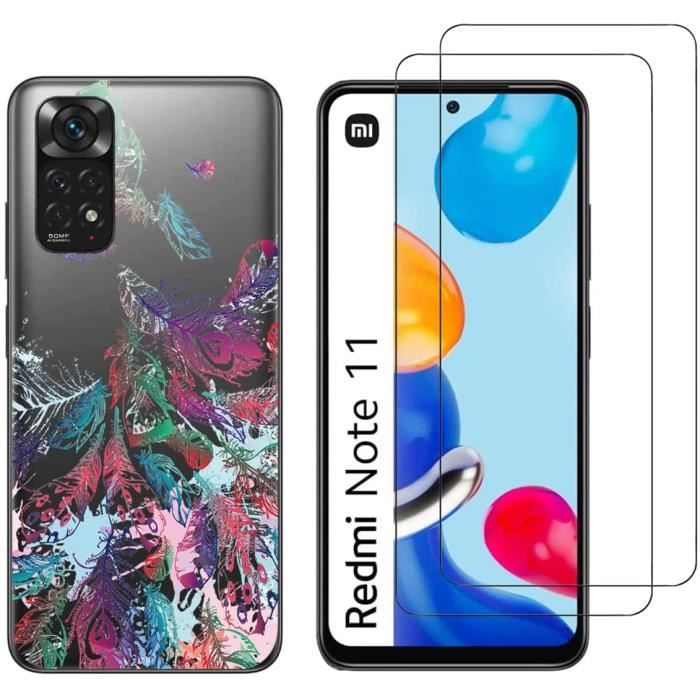 Pack compatible Xiaomi Redmi Note 11(4G) - Xiaomi Redmi Note 11S(4G)- coque fantaisie et 2 protections écran verre trempé [Plumes]