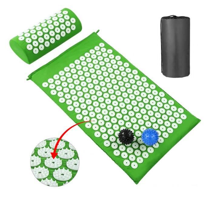 Tapis de yoga de massage d'acupuncture un ensemble complet (coussin-appui-tête-sac en tissu-2 ensemble de boules de massage) vert