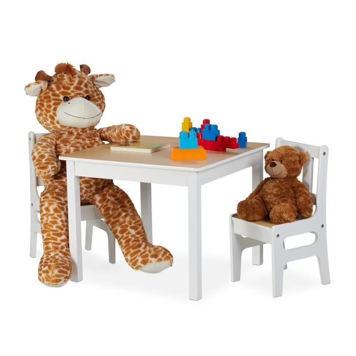 Relaxdays Table enfants avec 2 chaises, Ensemble Meubles enfants intérieur, jeu de 3 pièces,robustes, MDF,blanc/nature