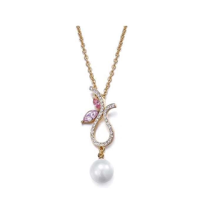 Pendentif Perle et Cristal de Swarovski Elements Violet Rose et Plaqué Or Jaune - Blue Pearls