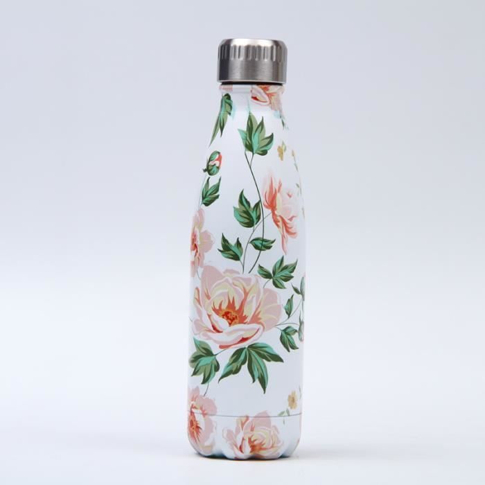 Bouteille d'eau en Acier Inoxydable Fleur Imprimé Thermos 500ml Double Paroi Isolée sous Vide Gourde Isothermes - Style 102