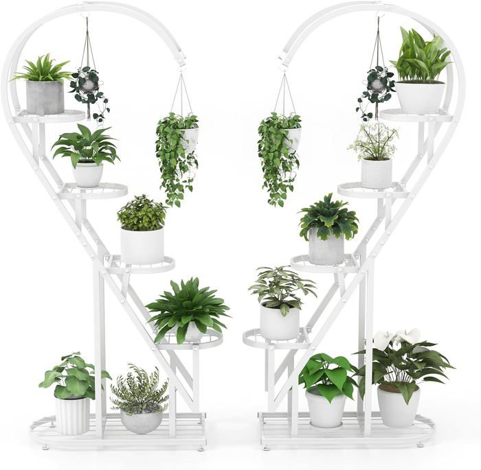 GOPLUS Support pour Plante à 5 Niveaux en Métal Étagère en Forme de Cœur avec 4 Crochets Plate-forme à Lattes Blanc