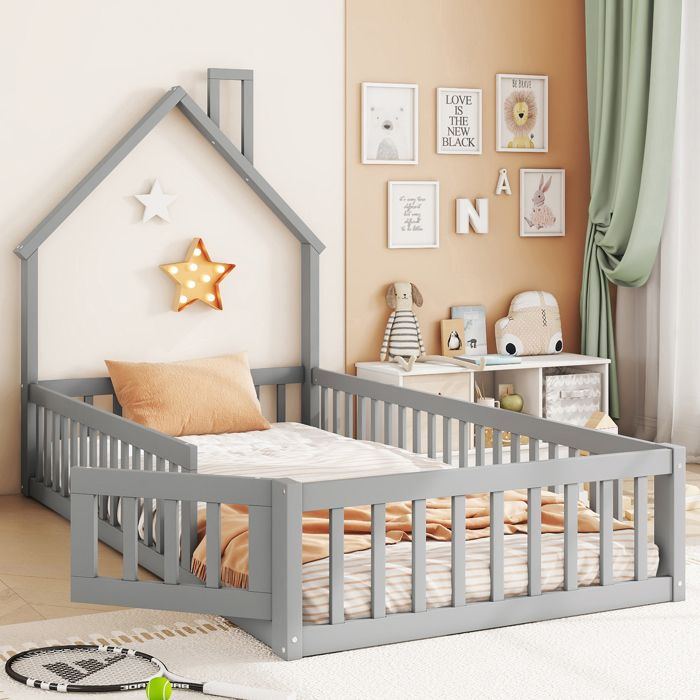 Lit enfant - Lit cabane - 90x200cm - Bois massif - Gris - Avec sommier à lattes