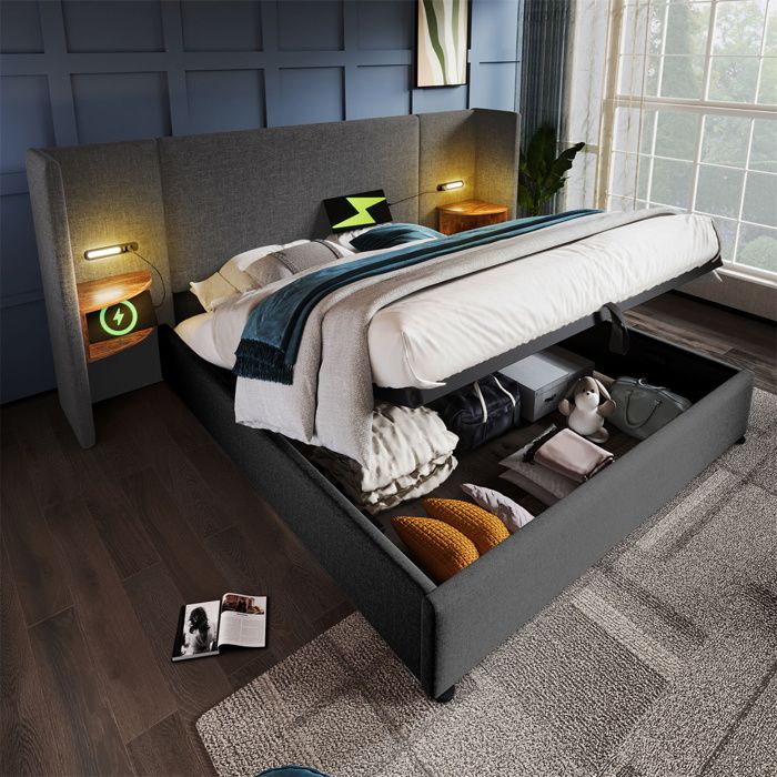 Lit 180x200 avec Sommier Lit Coffre de Rangement pour Deux Place Cadre de Lit AdulteLampe de LectureTable ChevetUSB-CLin Gris