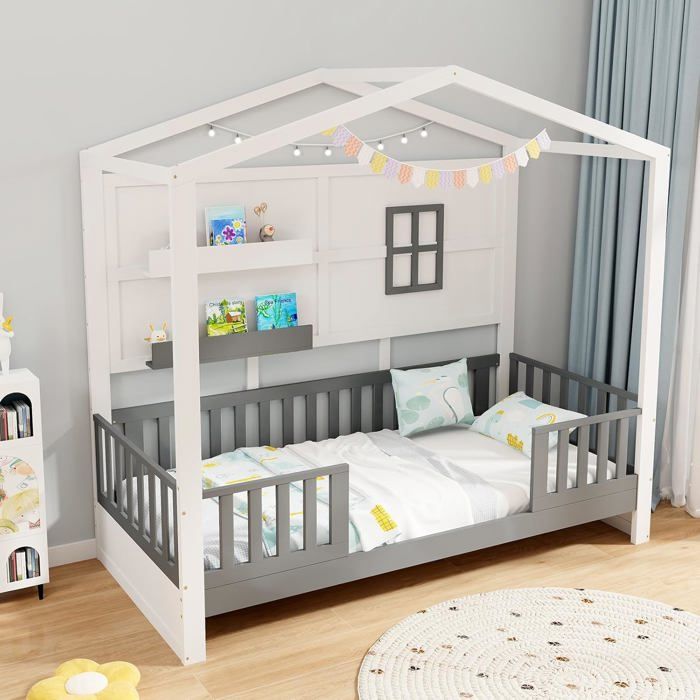 GOPLUS Lit Cabane 100x200CM Lit Montessori avec Barrière Lattes en Bois et 2 Étagères de Rangement Lit Enfants Charge 180KG