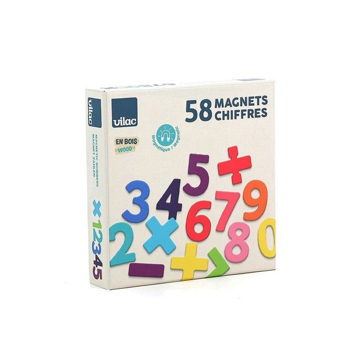 Magnets en bois - VILAC - Magnets 58 chiffres - 58 chiffres et signes - Taille adaptée aux petites mains - Couleurs pop