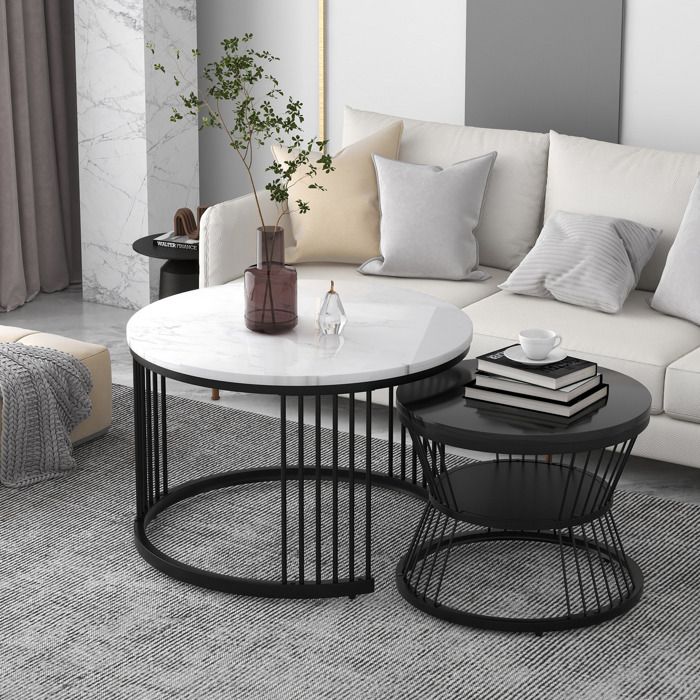 Table Basse 2 En 1 Ronde Effet Marbré - Moderne, Acier Et Aggloméré - Neuf Non Montée