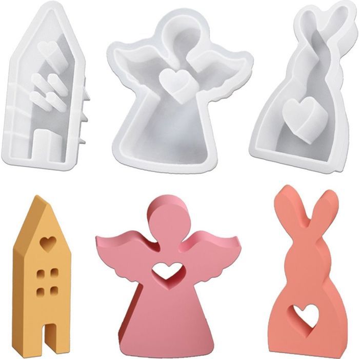Srup 3 Pièces Moule Silicone Maison Lapin Ange Pâques - Moules 3D Pour Bougies, Savons Et Résine