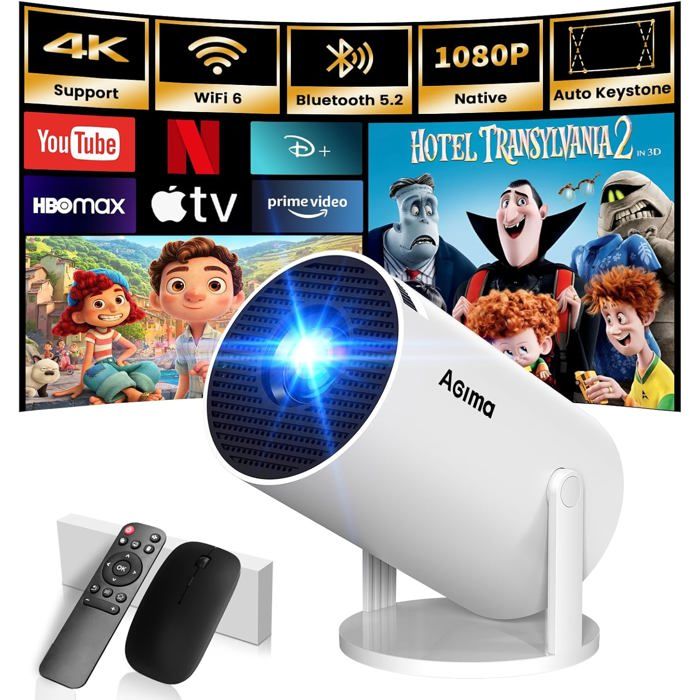 Mini Vidéoprojecteur Portable–App Intégrée,1080P 4K,dual Contrôle Souris,Android TV,Wifi6 BT5.2,rotation 180°,HDMI/TV Stick/USB - TV Son Photo