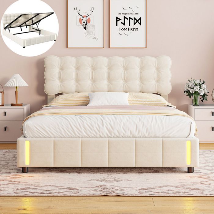 Lit coffre 160×200 cm ADWOLT lampe à détecteur hydraulique tissu en velours cadre de lit 160×200 cm beige