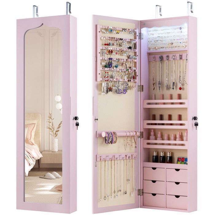 Armoire à Bijoux 2 en 1 COSTWAY Lumières LED et Miroir Rangement pour Boucles dOreiller Bracelets Montage sur Mur ou Porte Rose