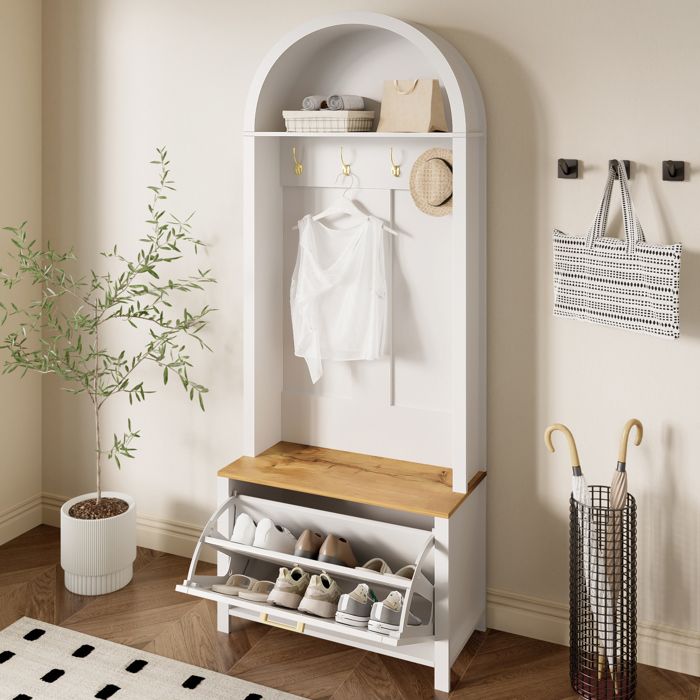 Porte-Manteau avec Étagère à Chaussures - Meuble d’Entrée avec Étagère et Crochets - Rangement Pratique - 75x35x195cm - Blanc