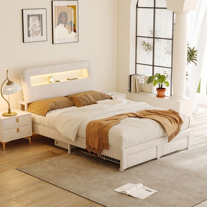 ADWOLT Lit adulte 140x200 cm avec sommier LED et USB Lit double avec tête de lit rangement et 2 tiroirs Velours Beige