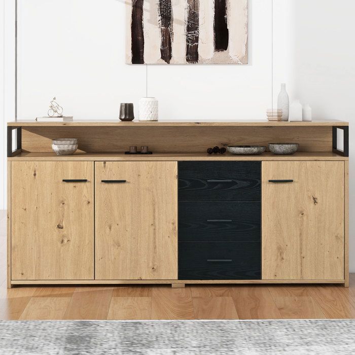 Buffet industriel 3 portes 3 tiroirs-Commode Armoire de cuisine-Buffet haut avec poignées métalliques-150x35x75.9cm Noir+Bois