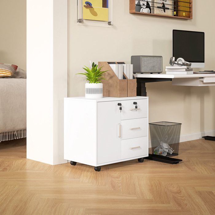 Caisson bureau meuble de rangement verrouillable avec 3 tiroirs et étagère réglable roulettes 40 x 60 x 56 cm blanc