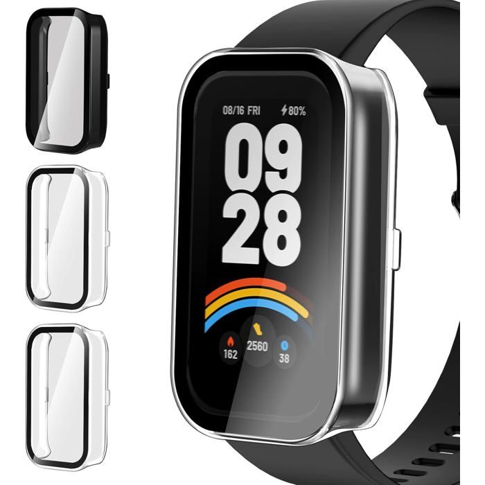 3pcs Coque avec Protection écran en Verre Trempé pour Xiaomi Smart Band 9 Active/Redmi Band 3(Pas pour Mi Band 9) Couverture Noir