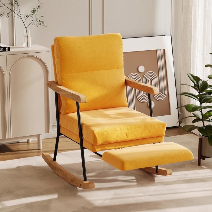 Fauteuil à Bascule - DREAMMESPACE - Jaune-Brunâtre - Tissu Coton-Lin - Bois de Teck Recyclé - Ergonomique