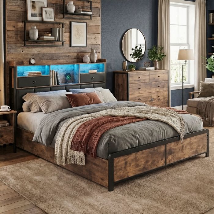 Lit Double 140x200cm - LED & Charge (2 USB + 2 Prises) - Tête de Lit avec Rangement - Métal et Bois - Style Industriel Vintage