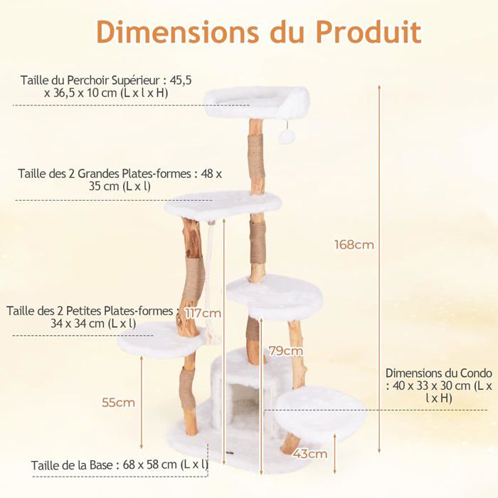 GIANTEX Arbre à Chat de 168 cm avec Poteaux à Gratter en Jute et Corde en Sisal Poteau en Bois de Poirier Massif Balle Suspendue
